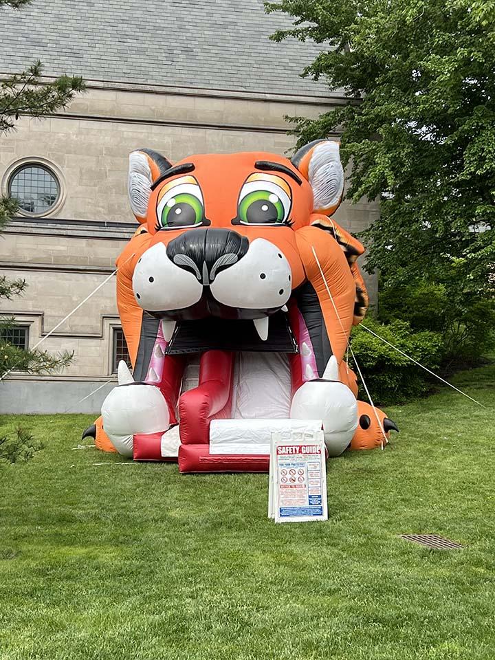 A big inflatable tiger head is a slide for kids.