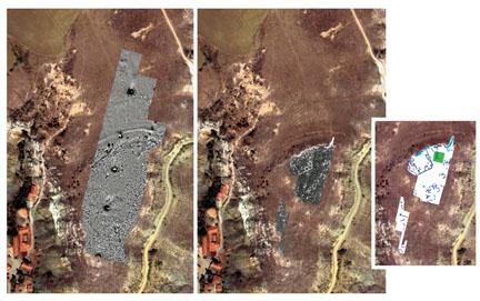 Using magnetometry, left, and ground-penetrating radar, right and inset, the 2007 Avkat team identified buried walls and ditches from what may have been a Byzantine fortification at Kale Tepe (“castle hill”).