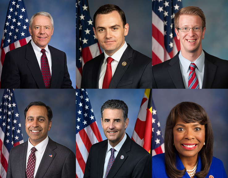 Princetonians in the House of Representatives, top row from left, Ken Buck ’81, Mike Gallagher ’06, and Derek Kilmer ’96; second row, from left, Raja Krishnamoorthi ’95, John Sarbanes ’84, and Terri Sewell ’86.