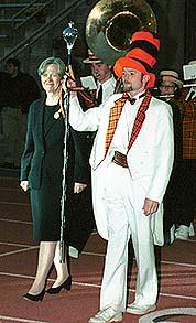 President Tilghman researches the arts at her installation, 2001: orange hair too.