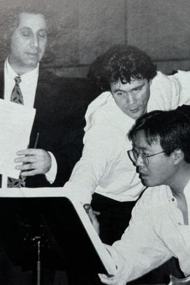 From left, composer Richard Danielpour, bassist Edgar Meyer, and cellist Yo-Yo Ma score a piece during a music atelier 