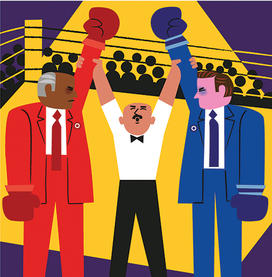 Illustration of a ref holding up the hands of two boxers, one wearing a red business suit, the other wearing a blue business suit.