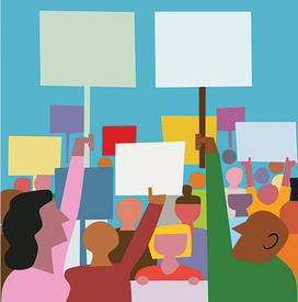 Illustration of a crowd of people holding up signs.