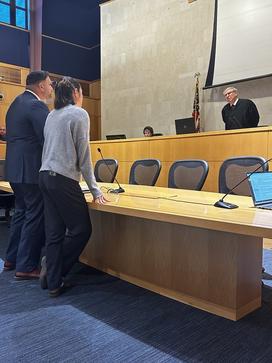 Sara Ryave ’24, right, appears before Judge John McCarthy III ’69 in Princeton Municipal Court on Oct. 1.