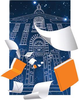 PresidentsPage_nov2024_0.jpg Illustration of papers swirling around Nassau Hall.