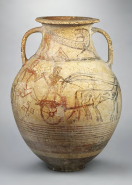 ancient jar with two handles featuring an image of a warrior and chariot