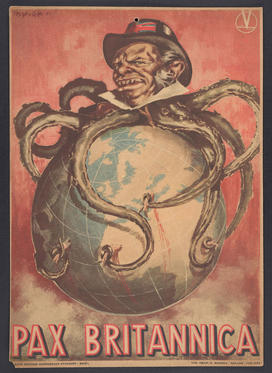 Poster with a human-faced octopus figure wrapped around a globe