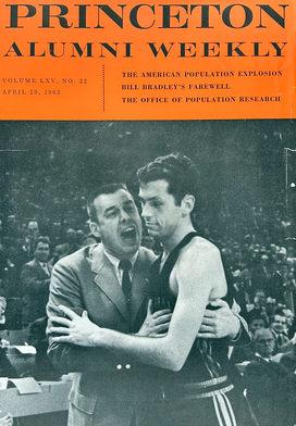 Coach Butch van Breda Kolff congratulates Bill Bradley as he leaves the court during Princeton’s 1965 win over Wichita State.