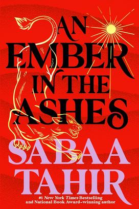 The red cover of "An Ember in the Ashes," with illustrations of a sun and a large cat, perhaps a female lion..