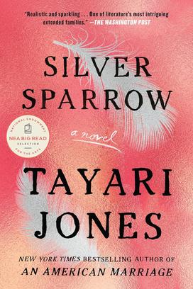 The book jacket for Silver Sparrow, pink with a couple of white feathers.