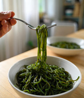 A hand raises a fork holding a bite of green spaghetti out of a bowl.