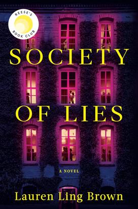 The cover of "Society of Lies," featuring a picture of windows in an ivy-covered building lit up in pink lights at night.