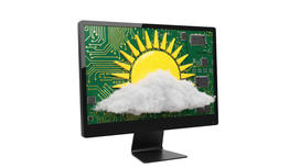 computer with a sun and clouds on the screen