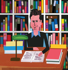 Illustration of Fara Dabhoiwala in his study, in front of a bookcase.