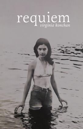 The cover of "requiem," featuring a black and white photo of a woman standing in water.