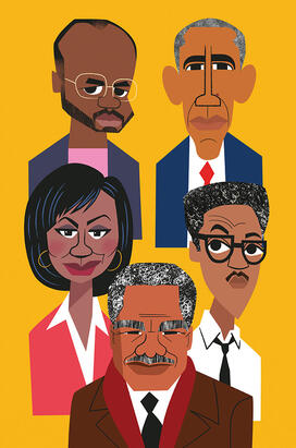 RESEARCH_BtR Sidebar illustration.jpg Illustration of important Black leaders incuding political and civil rights activist Bayard Rustin, Black filmmaker Marlon Riggs, President Barack Obama, Anita Hill, and Chicago’s first Black mayor, Harold Washington