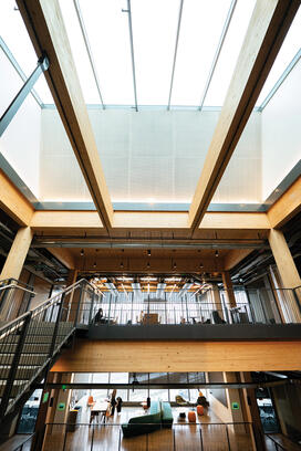 ES AND SEAS_ES-SEAS-Buildings_021126_0098 copy.jpg Natural light brightens classrooms and common areas in Briger Hall, the new environmental studies building, and a dynamic globe, inset, shares data visualizations.