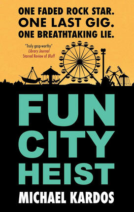 FunCityHeist_cover.jpg An illustration of an amusement park with ferris wheel silhouetted in black against yellow.