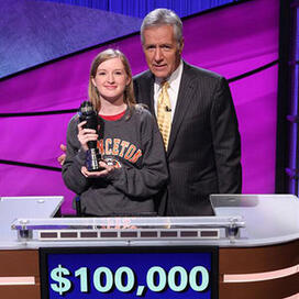 Terry O'Shea '16, pictured with Alex Trebek, is a lifelong Jeopardy! fan. (Photo: Courtesy Jeopardy! Productions Inc.)