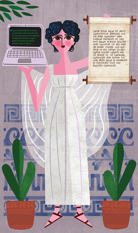 RESEARCH_BtR Siebar illustartion.jpg illustration of Greek poet Sappho holding a computer in one hand an an ancient text in another