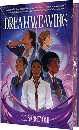 Five characters surrounded by purple swirls and stars