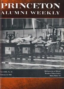 Future Olympian Jed Graef â64, center, dives into the water on the Feb. 8, 1963, cover of PAW. (PAW Archives)