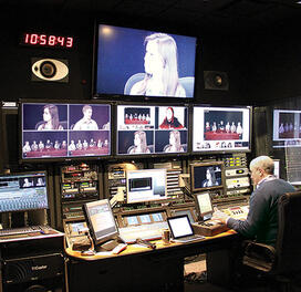 OTC-CourseraPolicyNew.jpg Students in an online course taught by Professor Jeremy Adelman are shown on screens at Princeton’s Broadcast Center as broadcast engineer Dan Kearns operates the console.