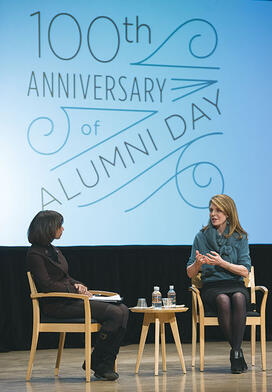 Queen Noor of Jordan (formerly Lisa Halaby ’73), right, spoke about how her time at Princeton prepared her for challenges she faced as queen. After her speech, she talked with Woodrow Wilson School Dean Cecilia Rouse.