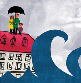 Illustration of family on roof avoiding wave