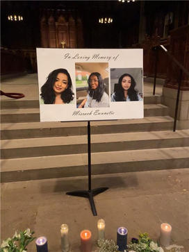 A music stand at the front of the Chapel holds a poster showing three photos of Misrach Ewunetie ’24 