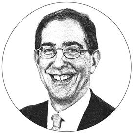 Black-and-white photo of Christopher Eisgruber ’83 in a circle 