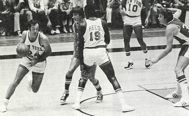 Bill Bradley ’65 moving the ball in the 1973 exhibition game at Jadwin Gym.