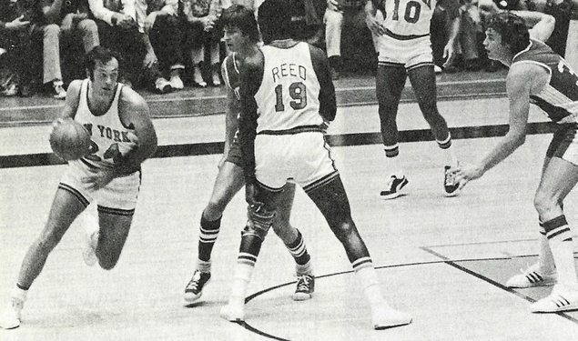 Bill Bradley ’65 moving the ball in the 1973 exhibition game at Jadwin Gym.