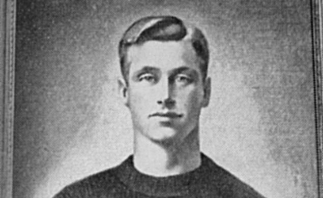 Black and white photo of the Dillon Gym portrait of Hobey Baker