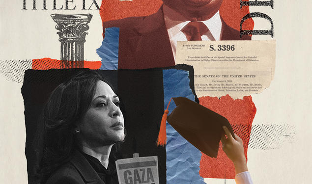 College of images and words, including photos of Donald Trump and Kamala Harris, and the terms "Title IX" and "DEI."