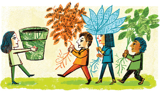 An illustration of a woman holding out a flower pot and three other people coming to her carrying plants.