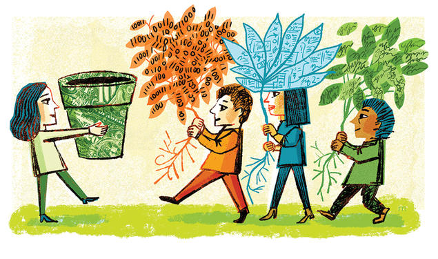 An illustration of a woman holding out a flower pot and three other people coming to her carrying plants.