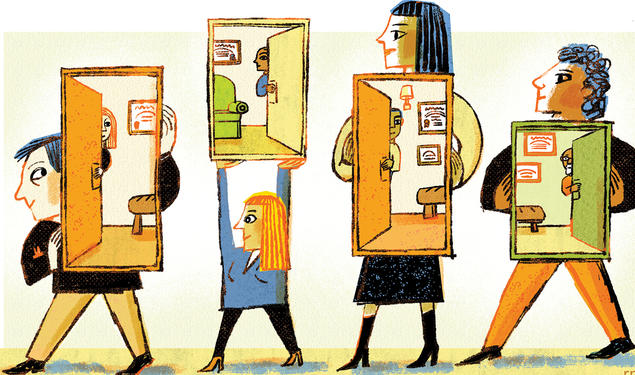 Illustration of people holding open doors.