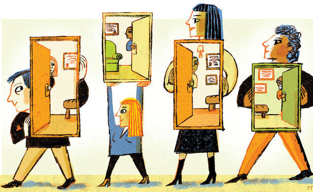 Illustration of people holding open doors.