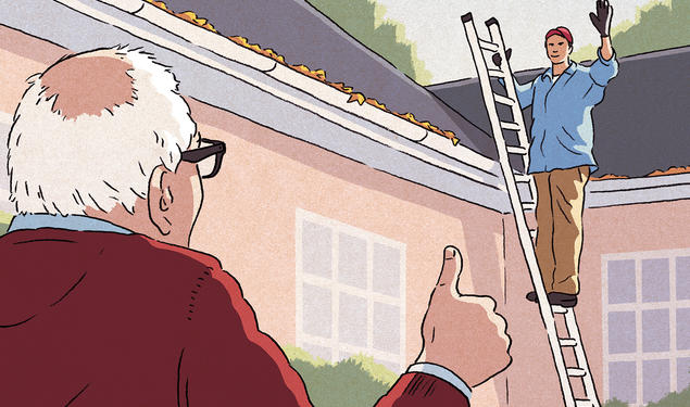 Illustration of a man cleaning gutters while on a ladder waving to an older man on the ground, who's giving him a thumbs-up.