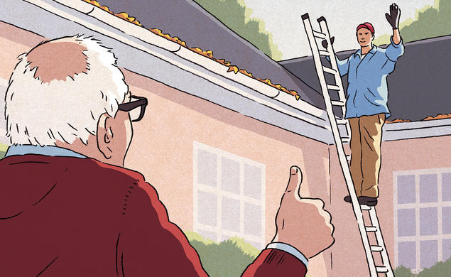 Illustration of a man cleaning gutters while on a ladder waving to an older man on the ground, who's giving him a thumbs-up.