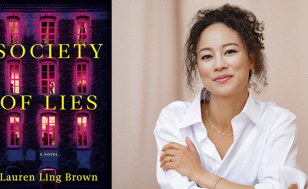 The cover of "Society of Lies," with a photo of nine windows on an ivy-covered building; and a photo of author Lauren Brown ’12. 