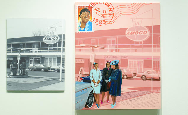 Historical photo of Griggs' Corner Amoco, left, and Onome Daniella Olotu’s painting of three women at the site