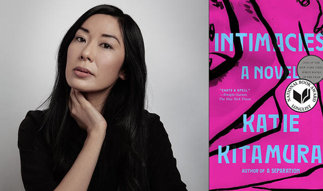 Katie Kitamura and the cover of her book "Intimacies."