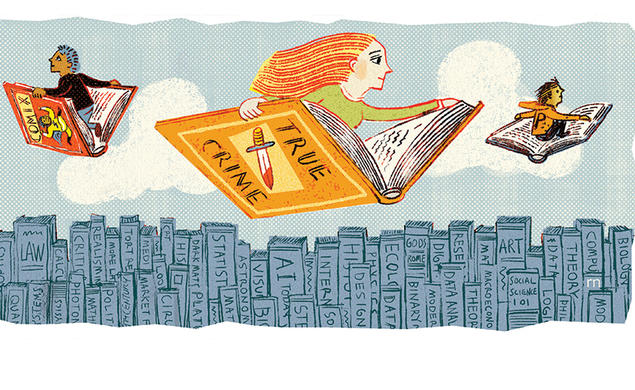An illustration of three people flying open books like airplanes. 