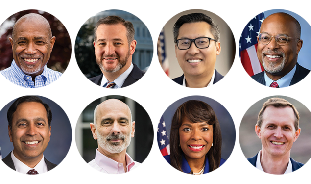 Headshots of Herb Conaway ’85, Ted Cruz ’92, Vince Fong ’03, Glenn Ivey ’83, Raja Krishnamoorthi ’95, Joe Salerno ’84, Terri Sewell ’86, and George Whitesides ’96