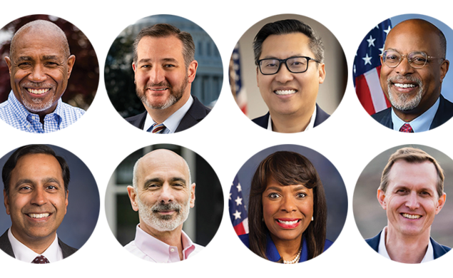 Headshots of Herb Conaway ’85, Ted Cruz ’92, Vince Fong ’03, Glenn Ivey ’83, Raja Krishnamoorthi ’95, Joe Salerno ’84, Terri Sewell ’86, and George Whitesides ’96
