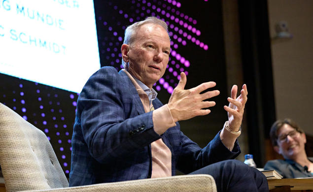 Eric Schmidt, left, and Jennifer Rexford discuss AI during a Nov. 20 event at McCosh Hall.