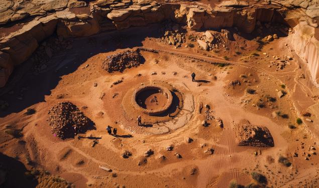 An aerial view of the ancient Native American ruins at Chaco Canyon, New Mexico.