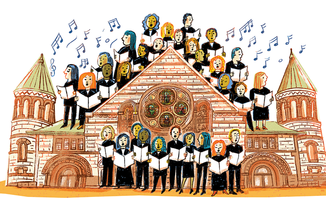 Illustration of singers in front of and on the roof of Princeton's Alexander Hall